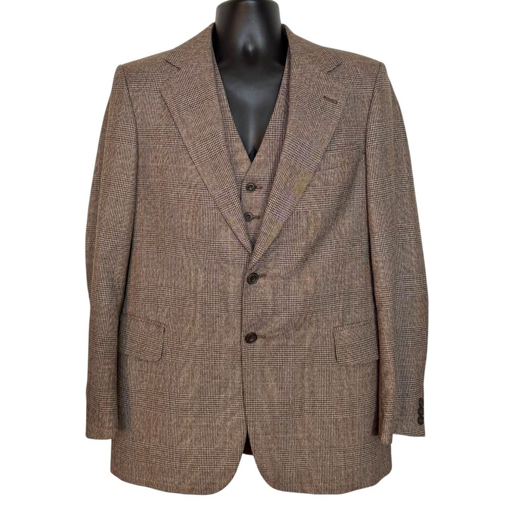VTG 70s 40L Brown Glen Plaid 2-Piece Blazer Vest Set Light Academia Tweed Style